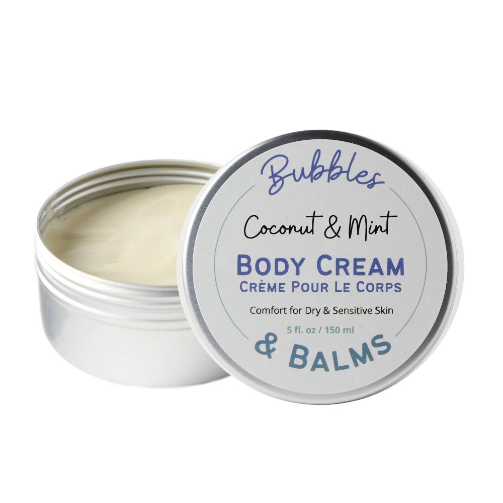 Bubbles &amp; Balms Coconut &amp; Mint Body Cream for Dry &amp; Sensitive Skin opened and looking smooth as silk.