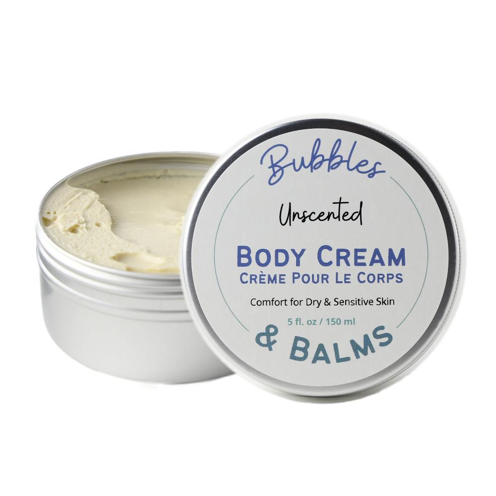 Bubbles &amp; Balms unscented body cream for dry &amp; sensitive skin opened and showing the light, luxurious moisturizer held inside.