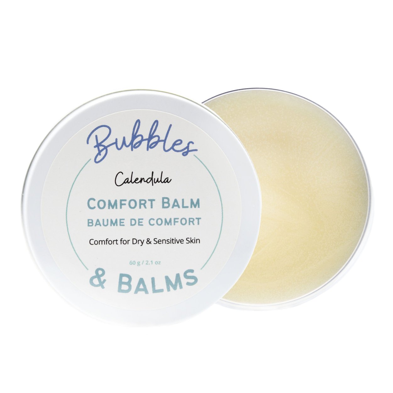 Calendula Comfort Balm with the tin open to show the skin-soothing balm within.