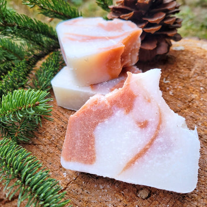 Dark Pink and White swiral around one another in 3 Candy Cane bar soaps from Bubbles &amp; Balms near Saint Johnm, New Brunswick.