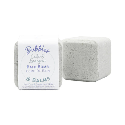 Cedar &amp; Lemongrass bath bomb for dry &amp; sensitive skin from Bubbles &amp; Balms ready for a long-lasting fizz in your bath.