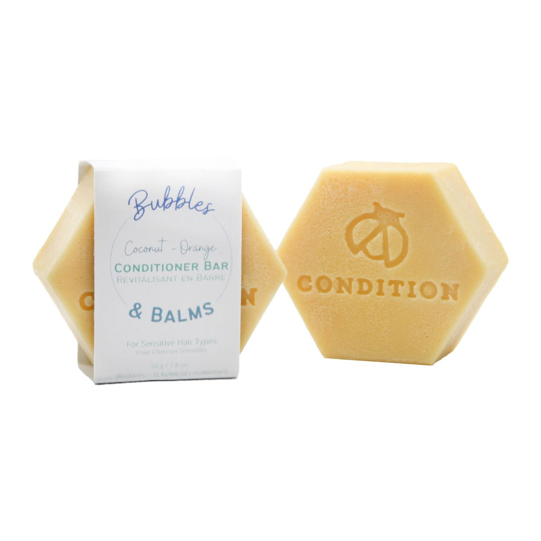 Coconut Orange conditioner bar for sensitive scalps, from Bubbles &amp; Balms of Hampton, New Brunswick.