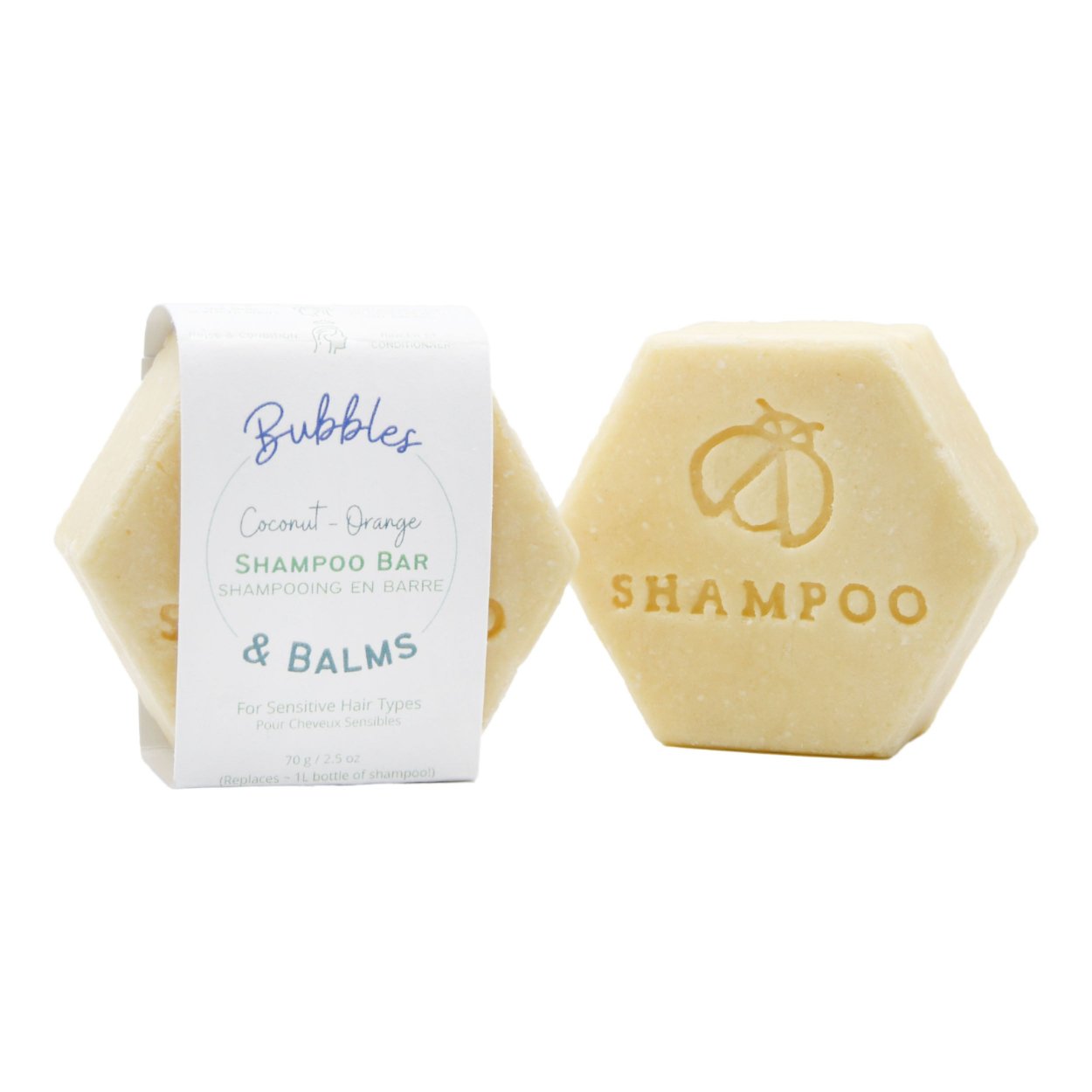 Coconut Orange Shampoo Bar for dry &amp; sensitive scalps, from Bubbles &amp; Balms of Hampton, New Brunswick.