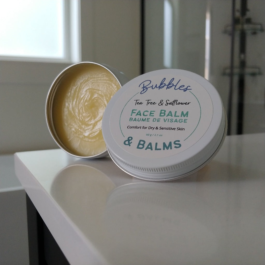 Bubbles &amp; Balms Tea Tree &amp; Safflower Face Balm for Vegan Night Cream moisturizing of dry &amp; blemished skin open and ready for use on sinkside.