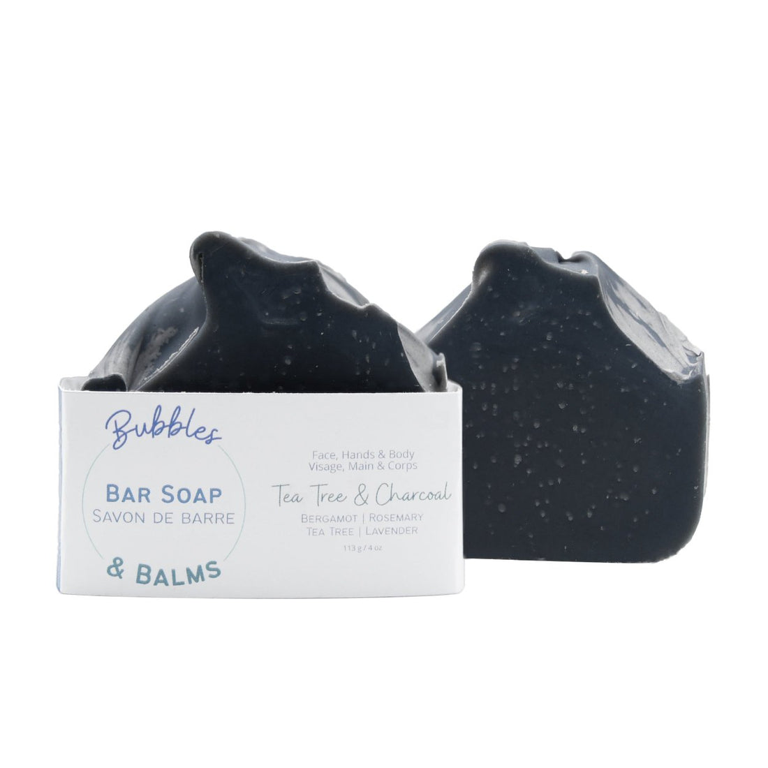 Tea Tree &amp; Charcoal bar soap from Bubbles &amp; Balms with all natural ingredients for oily and sensitive skin types.