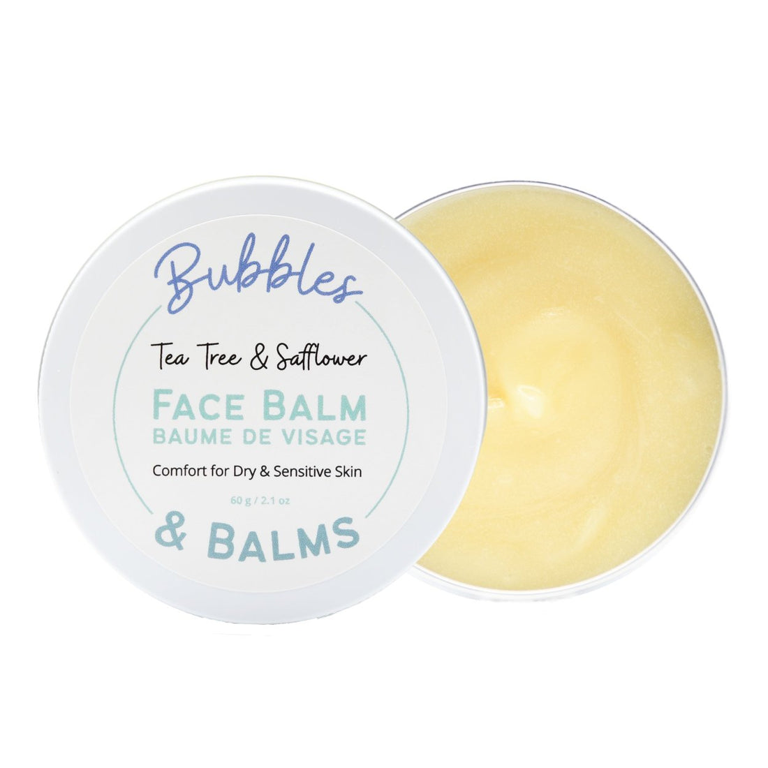 Bubbles &amp; Balms Tea Tree &amp; Safflower face balm for daily moisturizing and protection of blemished, dry, and sensitive skin.